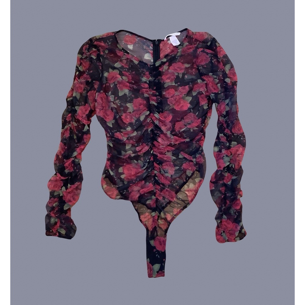 Victoria Secret Black Floral Print Long Sleeve Sexy Nylon Thong Bodysuit Party M